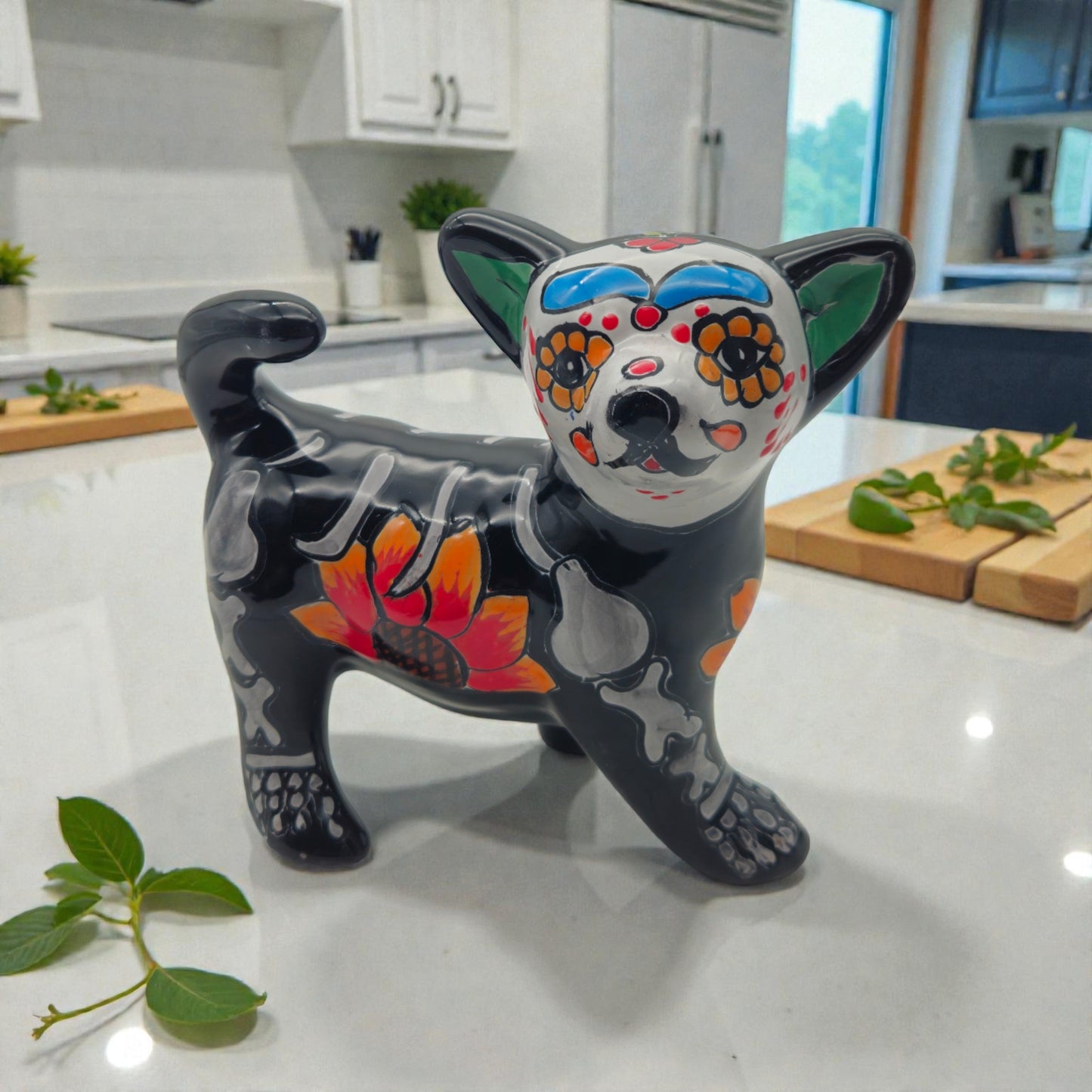 Talavera Chihuahua Figurine | Hand-Painted Day of the Dead Art