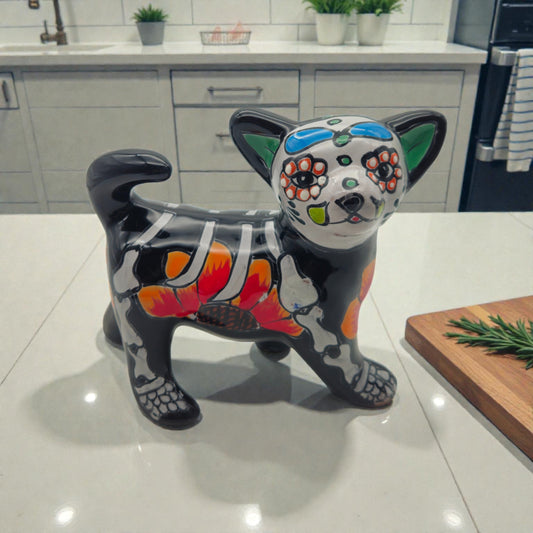 Talavera Chihuahua Figurine | Hand-Painted Day of the Dead Art