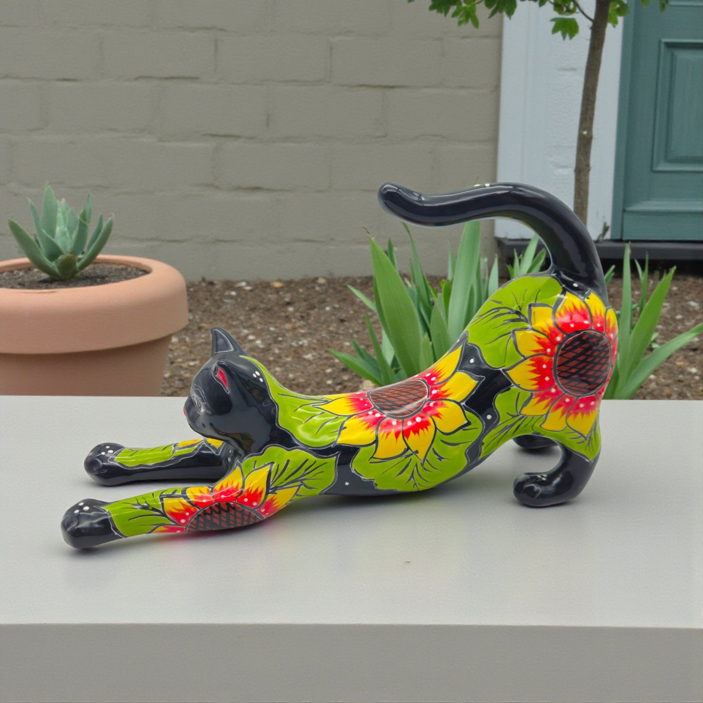 Talavera Stretching Cat Statue | Hand-Painted Sunflower Design