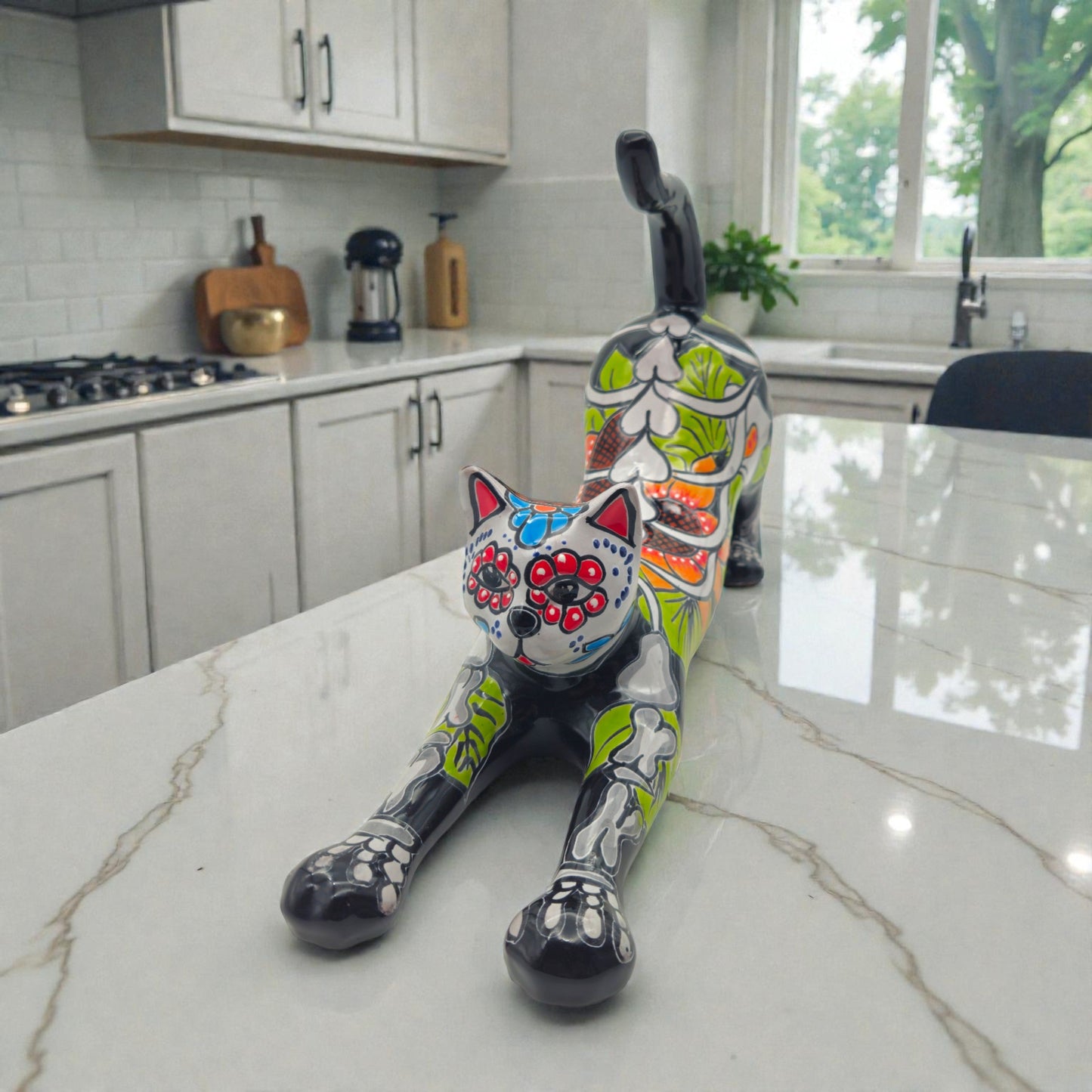 Talavera Stretching Cat Figurine | Mexican Day of the Dead Art