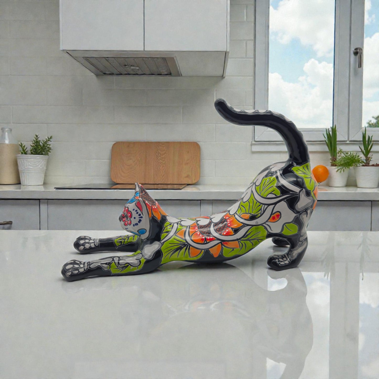 Talavera Stretching Cat Figurine | Mexican Day of the Dead Art