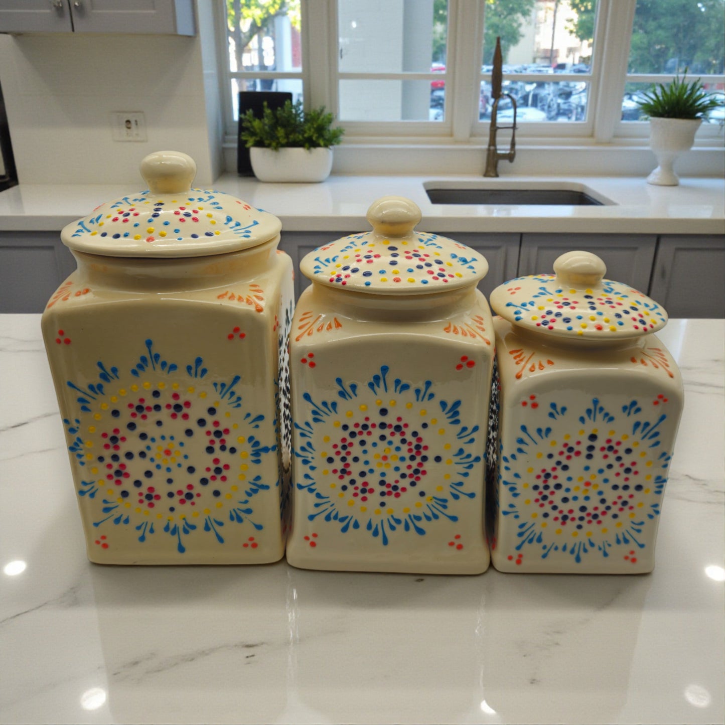 Talavera Ceramic Kitchen Canister Trio | White Multicolor Set