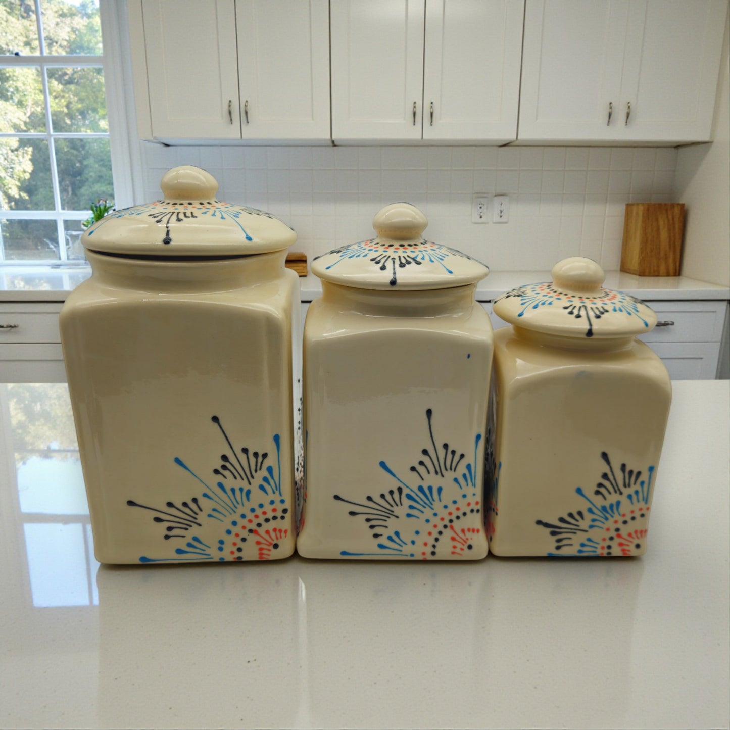 Talavera Ceramic Kitchen Canister Trio | White Multicolor Set