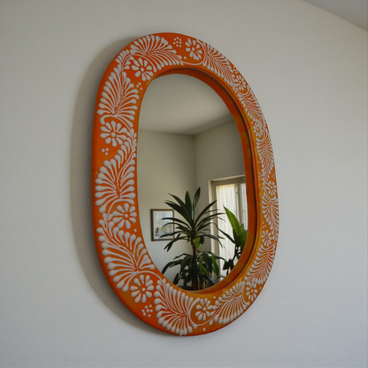 Floral Brown & White Talavera Mirror | Handcrafted Mexican Art