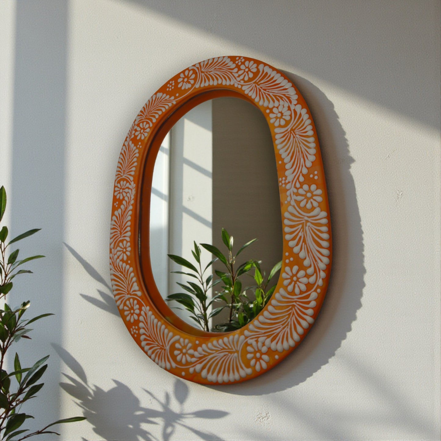 Floral Brown & White Talavera Mirror | Handcrafted Mexican Art