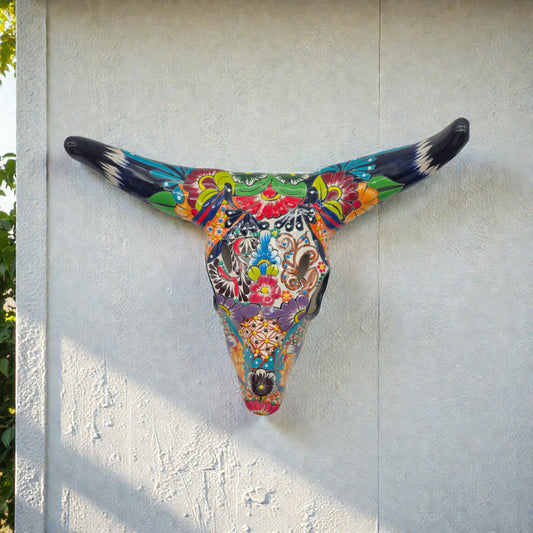 Colorful Talavera Bull Skull | Mexican Wall Art Decor
