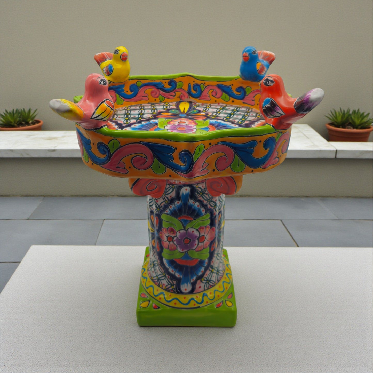 Colorful Talavera Bird Bath | Hand-Painted Ceramic Garden Art