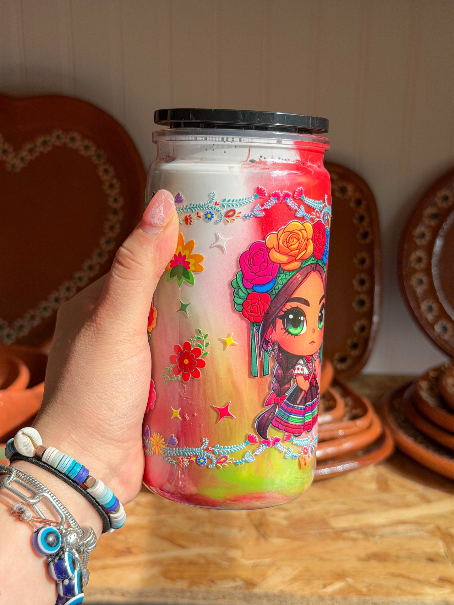 Colorful Muñeca Doll Drink Cup with Lid