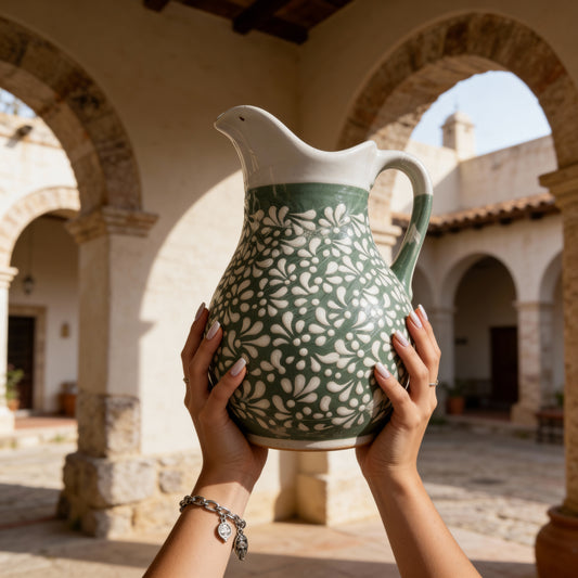 Hand-Painted Green & White Pitcher
