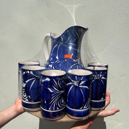 Blue Ceramic Pitcher Set w/ Cups