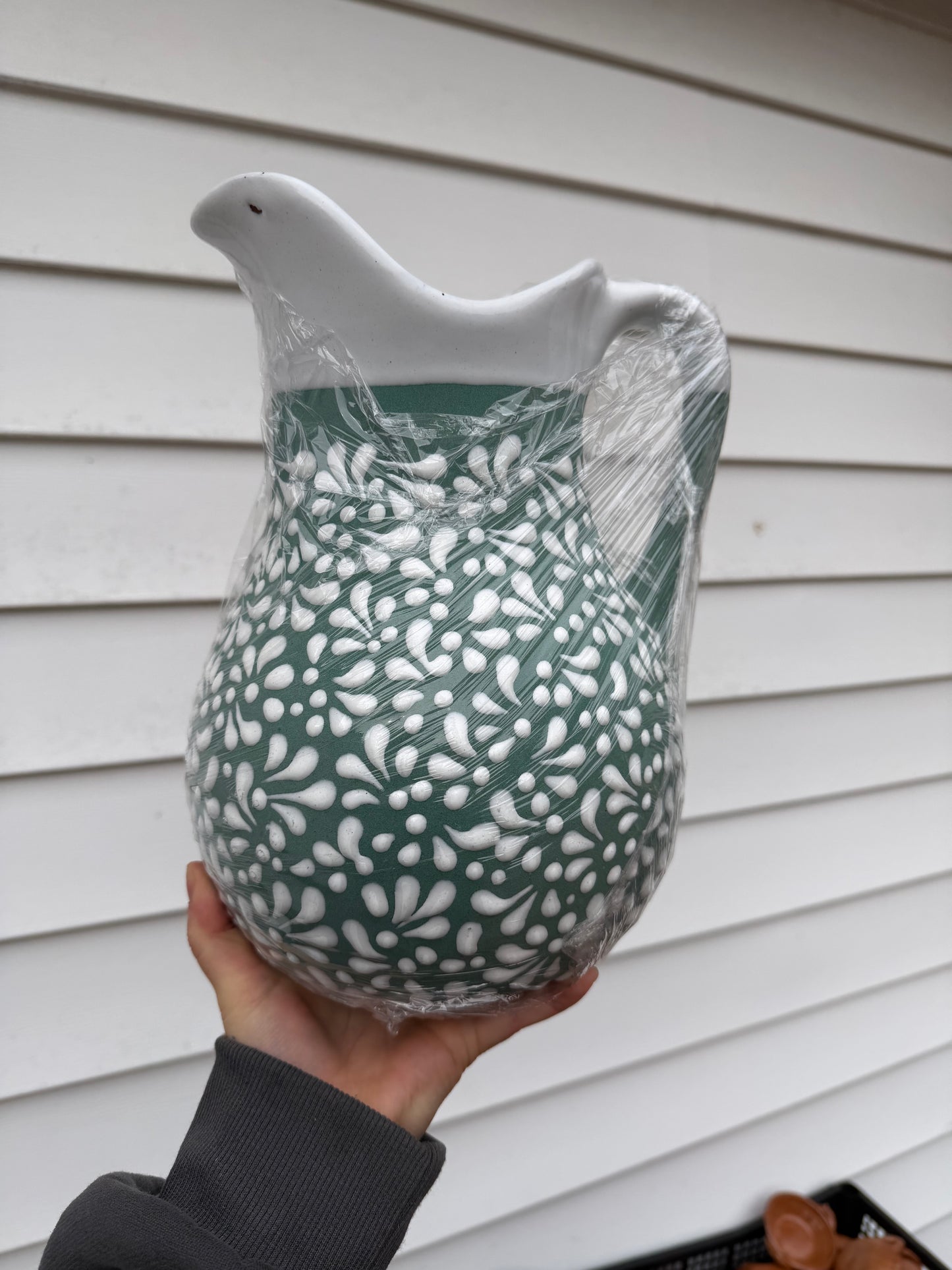 Hand-Painted Green & White Pitcher