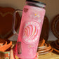 Pink Cafecito y Chisme Glitter Tumbler Mug with Handle – Concha & Coffee Design