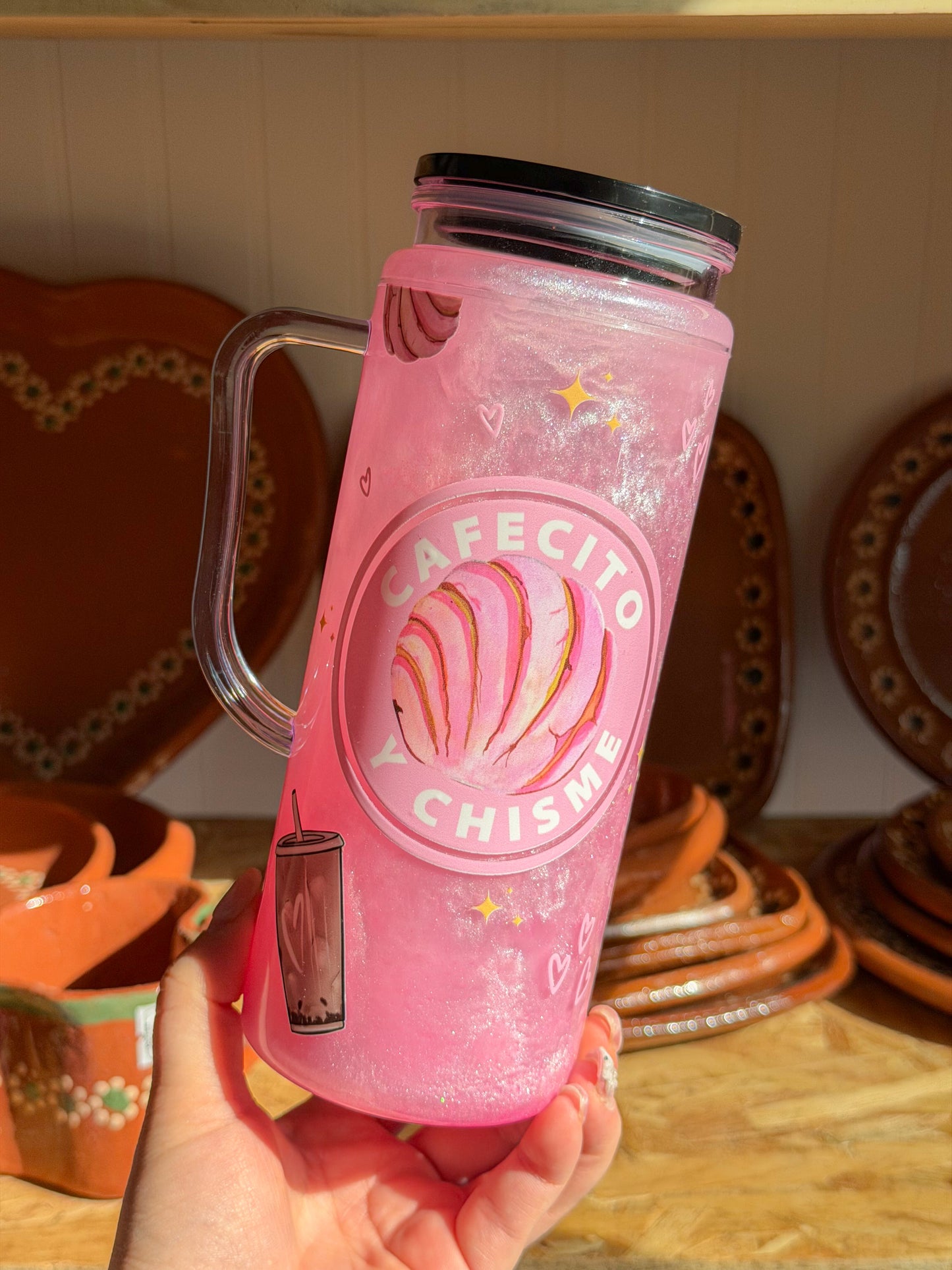 Pink Cafecito y Chisme Glitter Tumbler Mug with Handle – Concha & Coffee Design