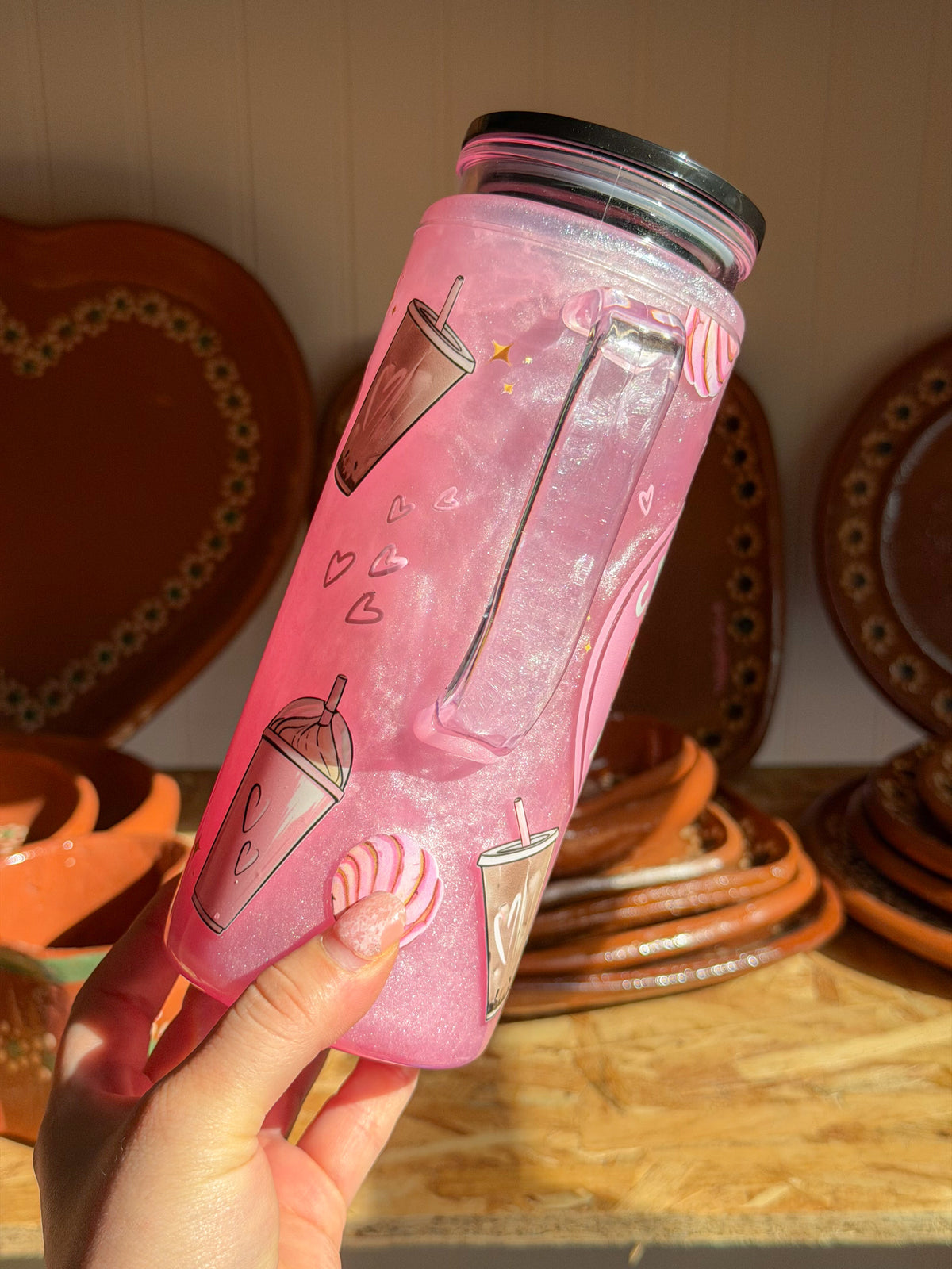 Pink Cafecito y Chisme Glitter Tumbler Mug with Handle – Concha & Coffee Design