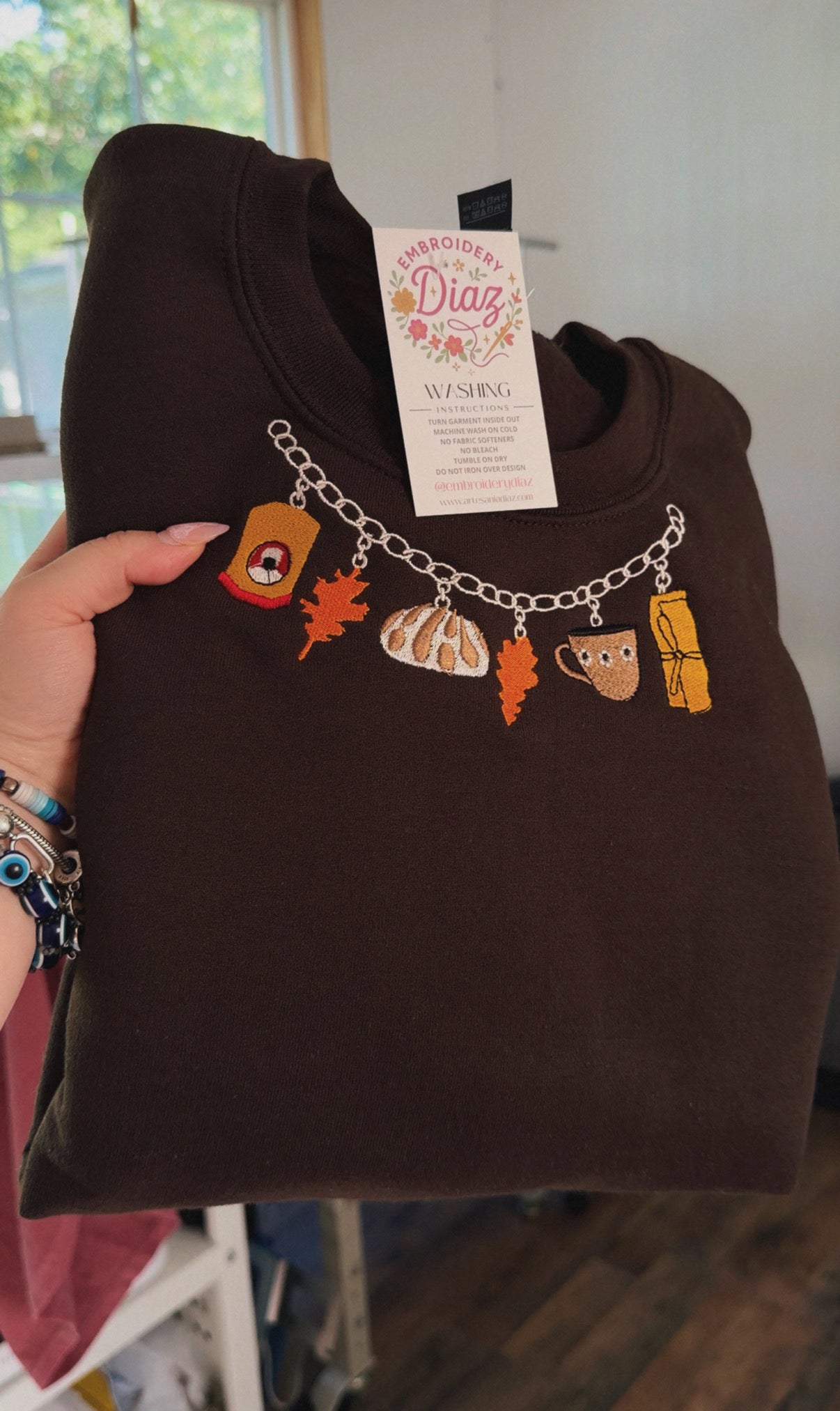 Fall Charm Necklace Embroidered Sweater