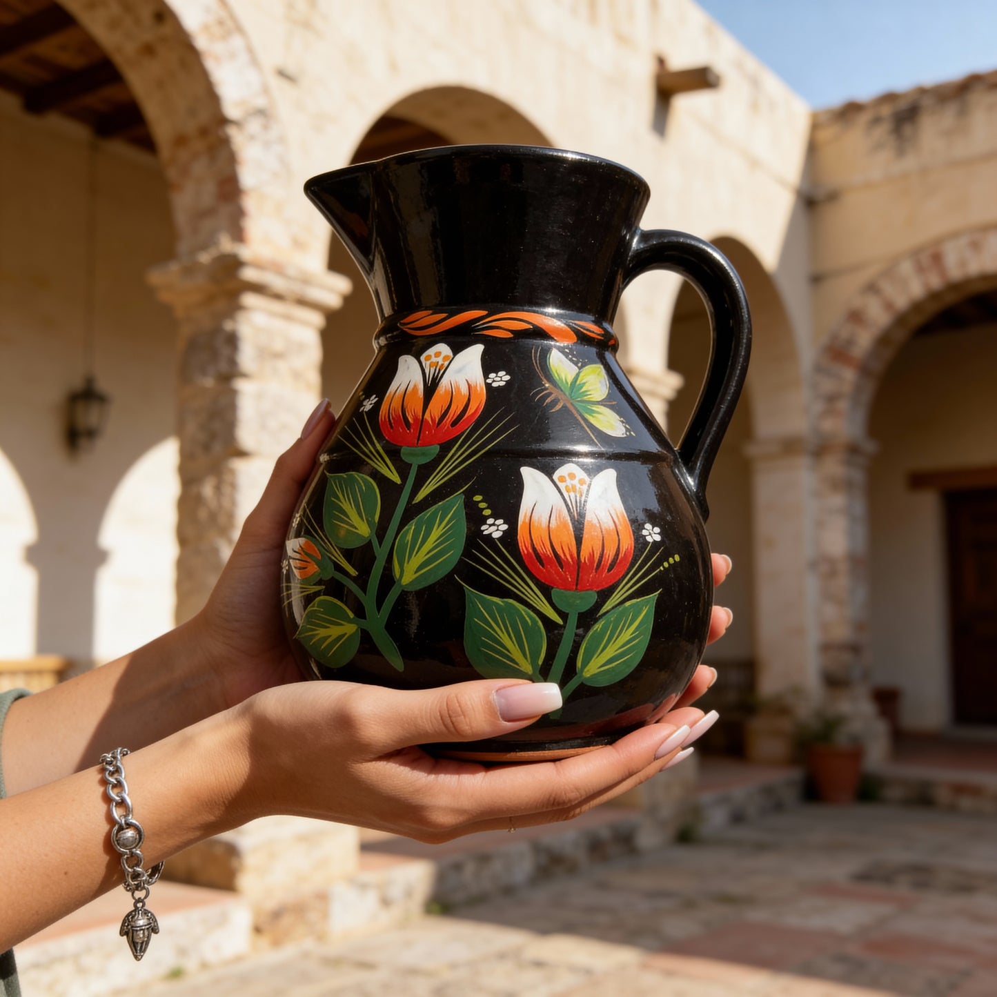 Hand-Painted Black Ceramic Pitcher Set