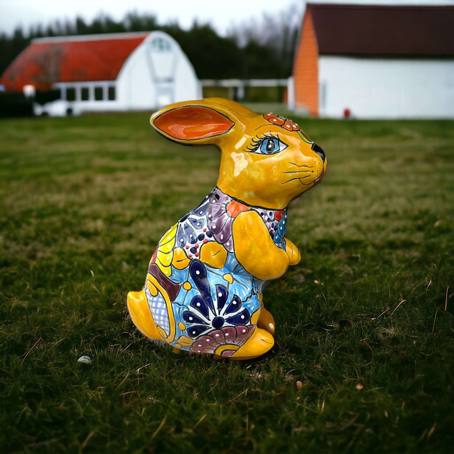Talavera Bunny Statue | Colorful Hand-Painted Mexican Rabbit Decor