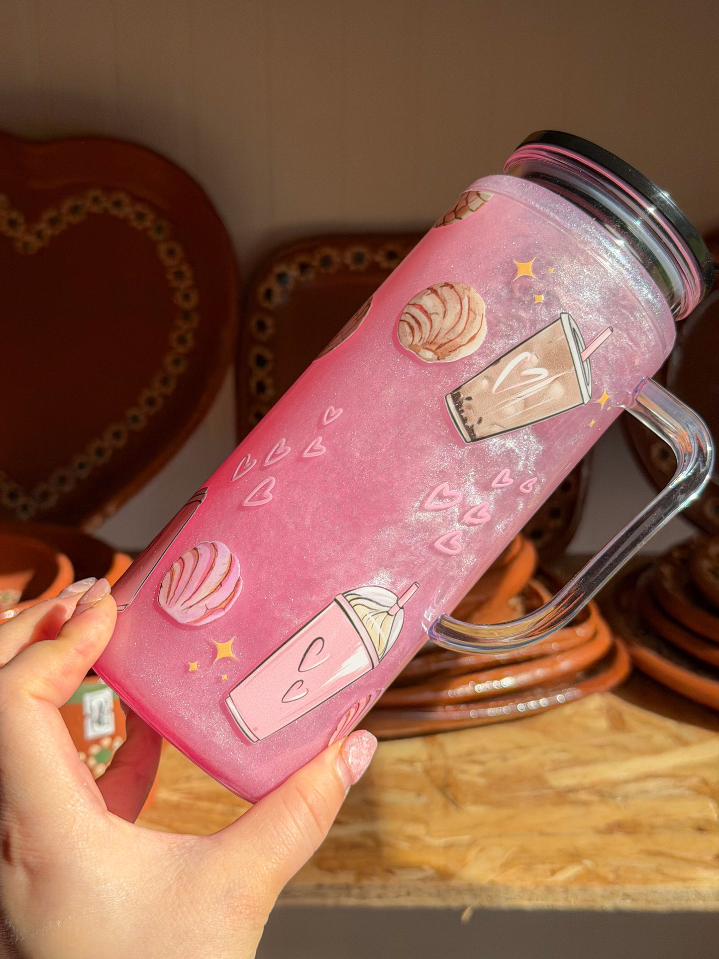 Pink Cafecito y Chisme Glitter Tumbler Mug with Handle – Concha & Coffee Design