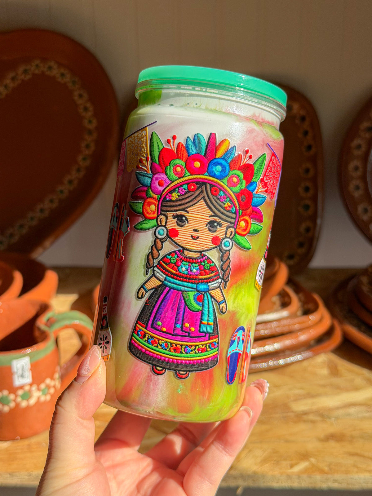 Colorful Muñeca Doll Drink Cup with Lid