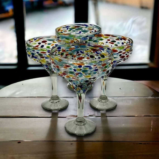 Hand Blown Mexican Margarita Glass | Colorful Pebbled Confetti Design
