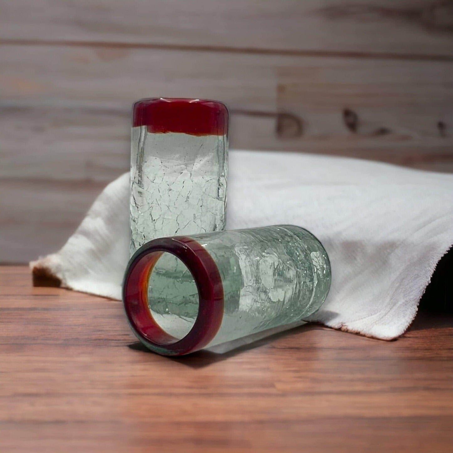 Hand-Blown Crackled Shot Glass | Red Rim Mexican Barware