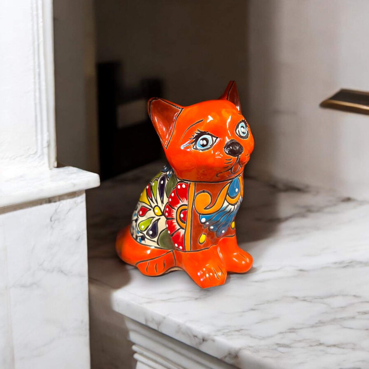 Talavera Cat Figurine | Hand-Painted Mexican Folk Art Home Decor