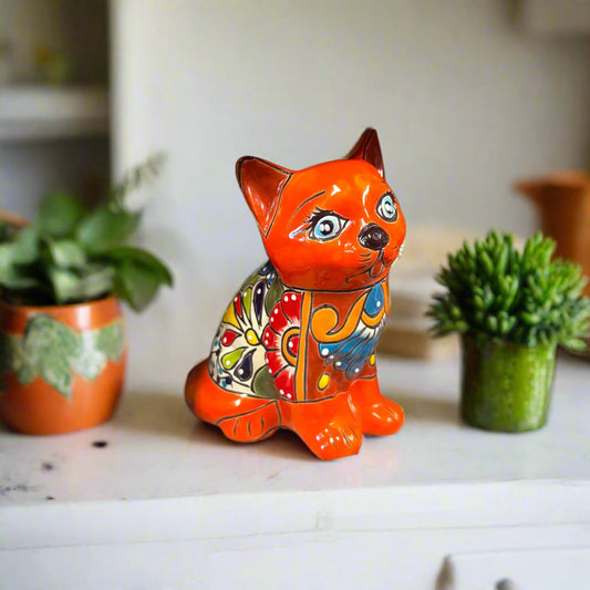 Talavera Cat Figurine | Hand-Painted Mexican Folk Art Home Decor
