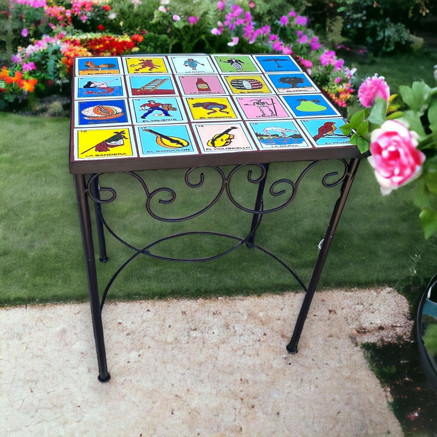 Handmade Mexican Accent End Table | Talavera Lotería Tiles