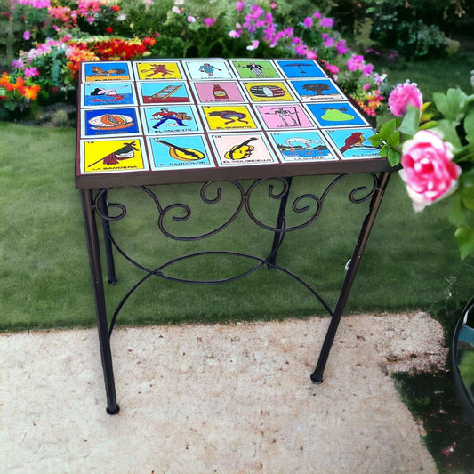 Handmade Mexican Accent End Table | Talavera Lotería Tiles