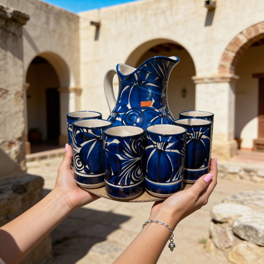 Mexican Blue Ceramic Pitcher Set