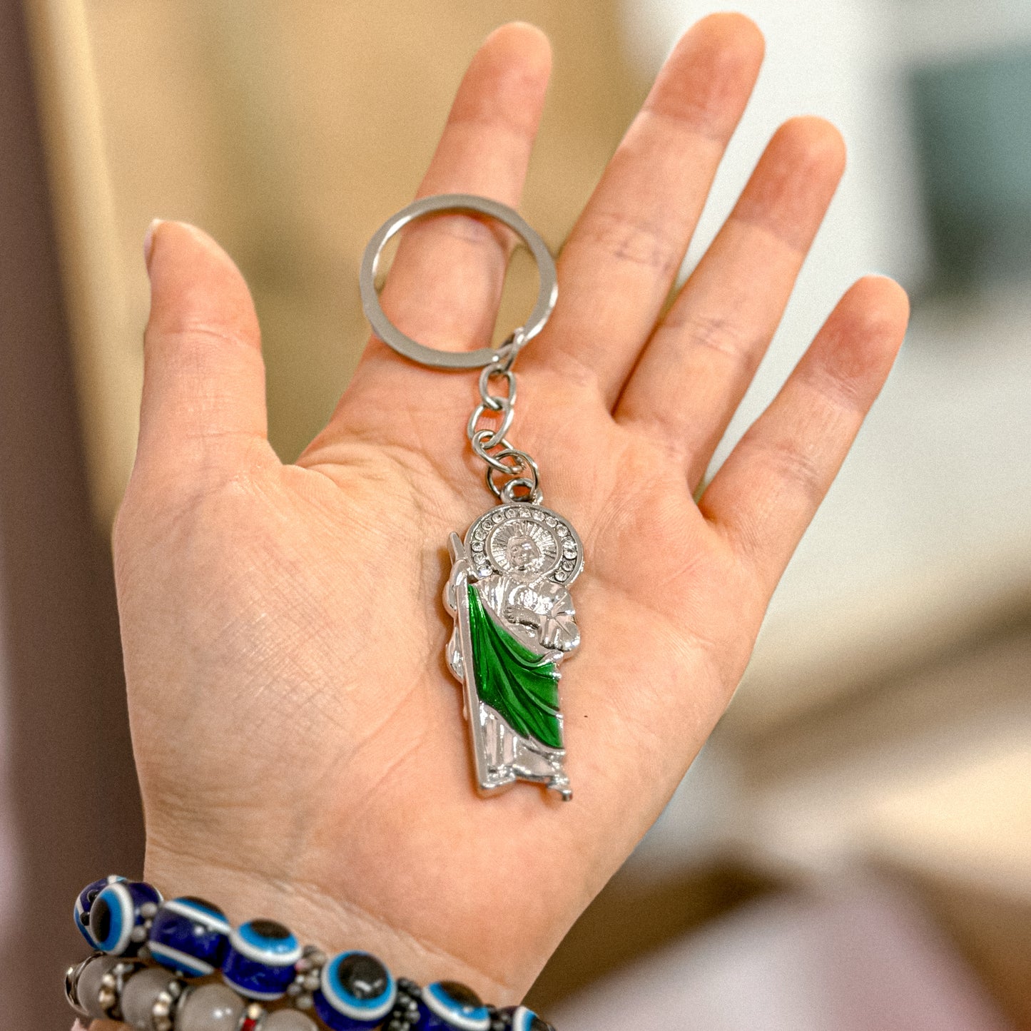Silver San Judas Keychain with Green Accent