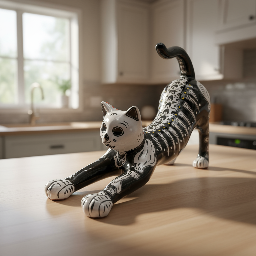 Talavera Stretching Cat Figurine | Hand-Painted Calavera Art