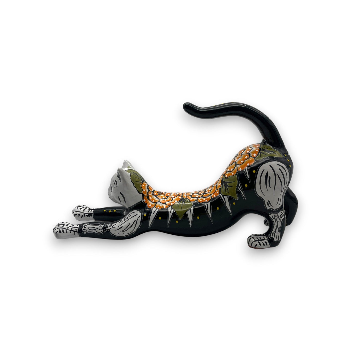 Talavera Stretching Cat Figurine | Hand-Painted Calavera Art