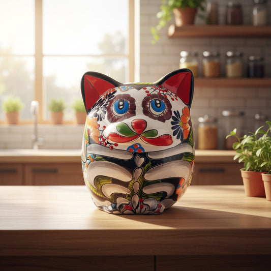 Talavera Fat Cat Planter | Day of the Dead Ceramic Art