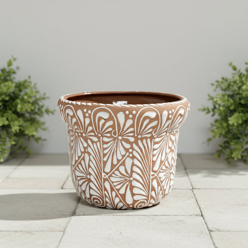 Terracotta & White Talavera Planter | Handcrafted Pottery Art