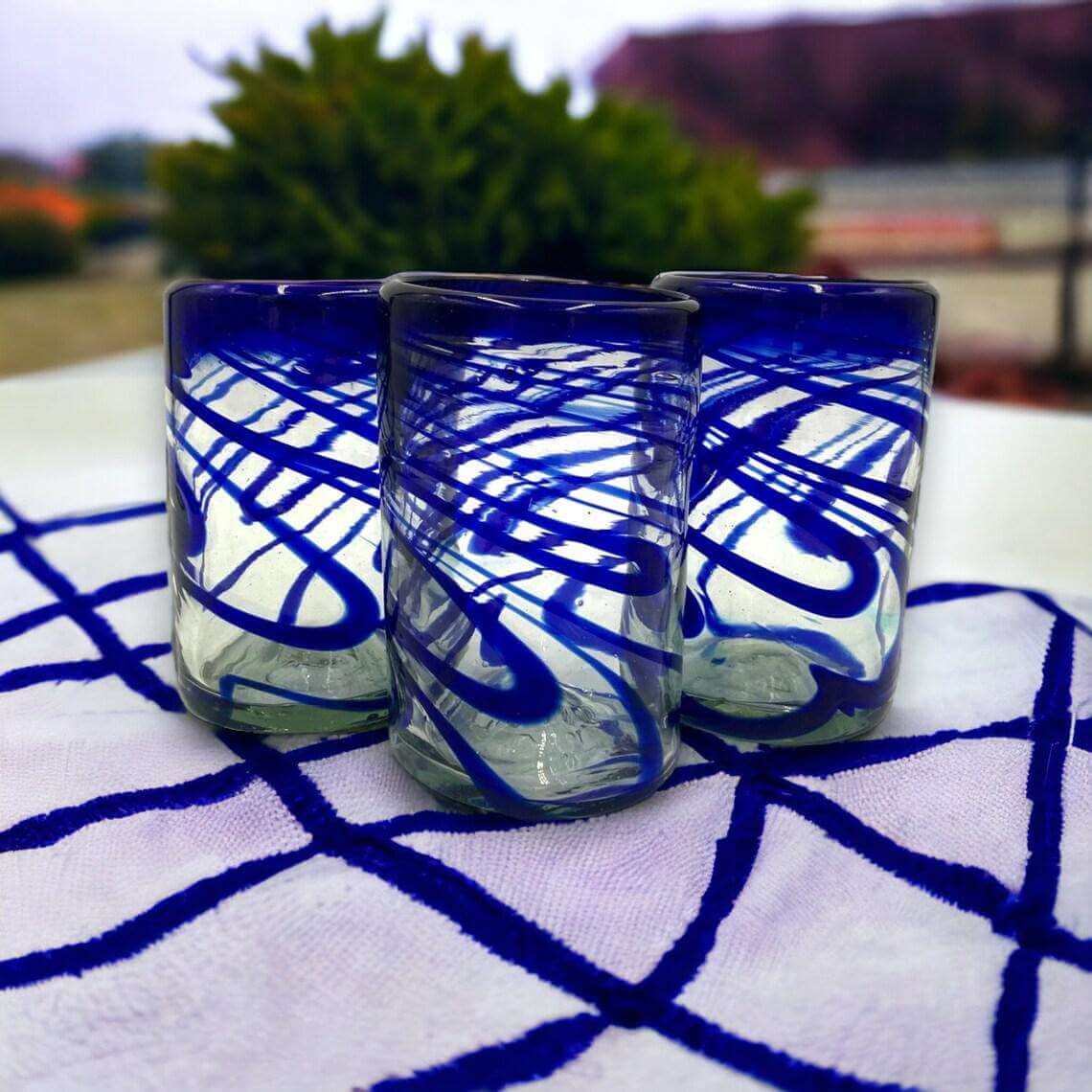 Hand-Blown Mexican Drinking Glass | Blue Swirl Design
