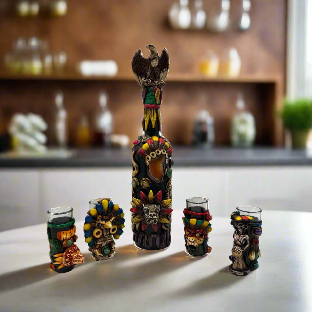 Aztec Warrior Tequila Set | Handmade Mexican Shot Glass & Decanter Set ...