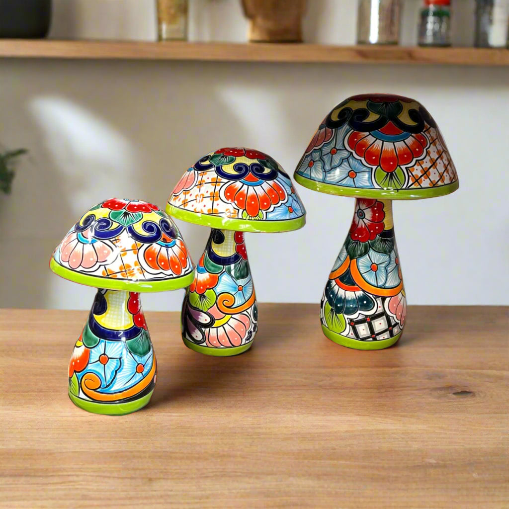 Talavera Mushroom Statue Set | Hand-Painted Mexican Garden Decor