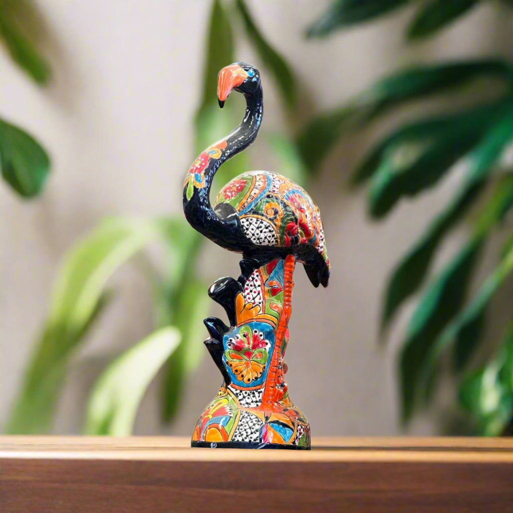 Talavera Flamingo Statue | Hand-Painted Mexican Ceramic Bird Art