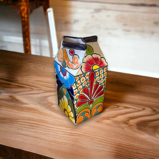 Talavera Hand-Painted Milk Carton | Colorful Mexican Container
