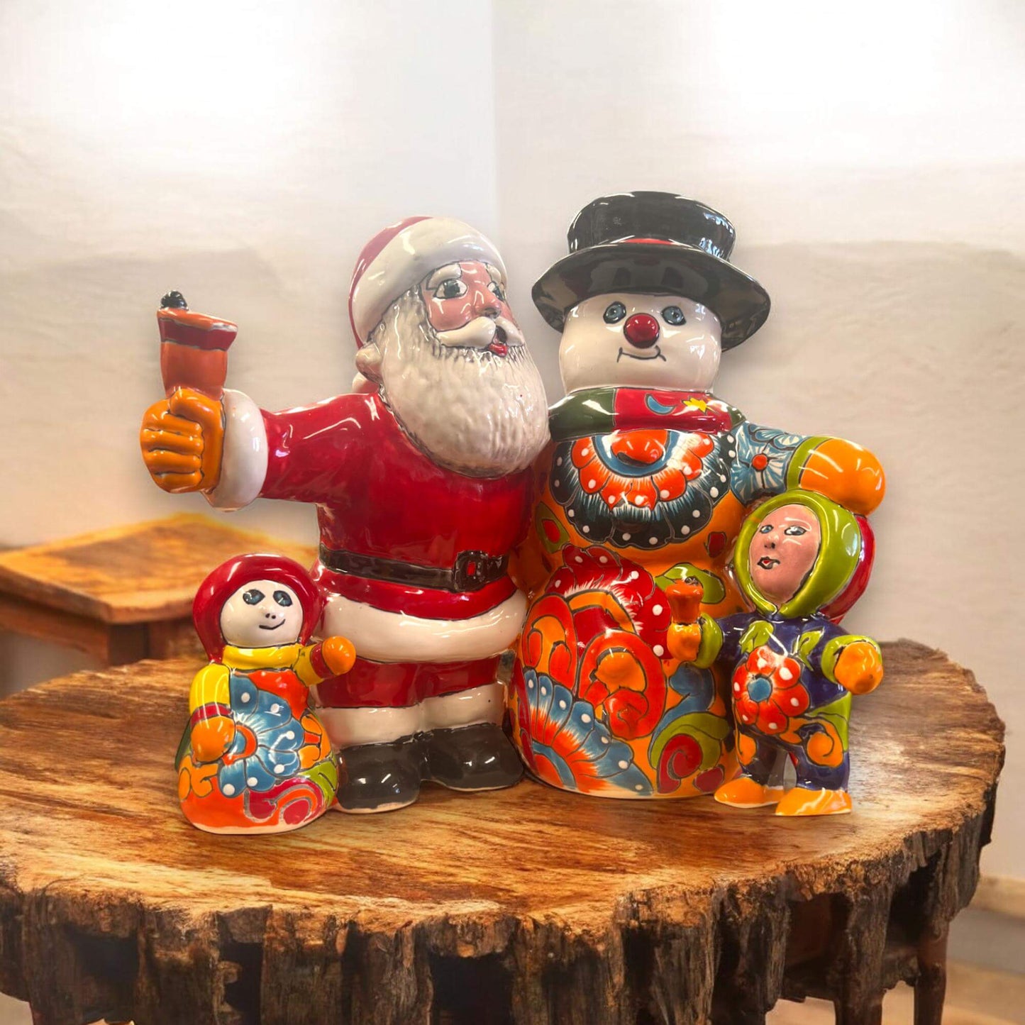 Talavera Santa & Snowman Statue | Hand-Painted Christmas Decor
