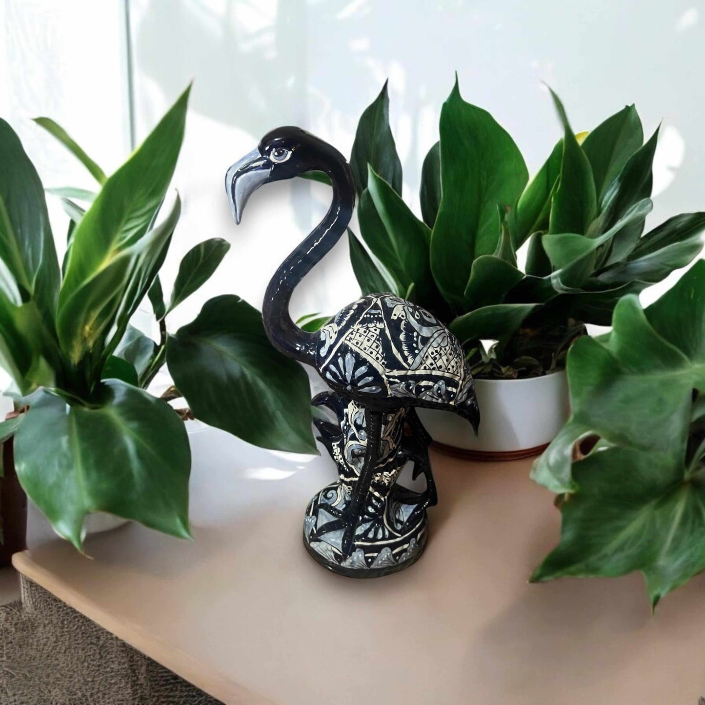 Blue & White Talavera Flamingo Statue | Hand-Painted Bird Pottery