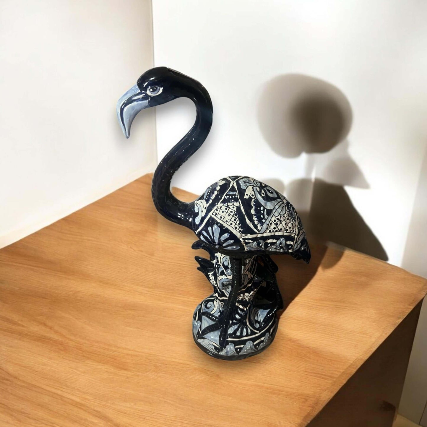 Blue & White Talavera Flamingo Statue | Hand-Painted Bird Pottery