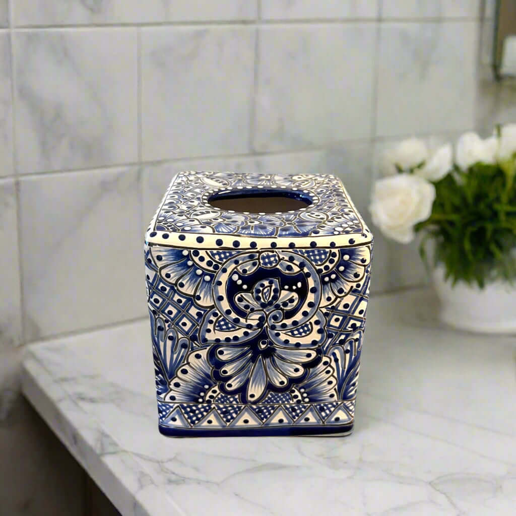 Blue & White Talavera Tissue Box Cover | Vibrant Mexican Decor