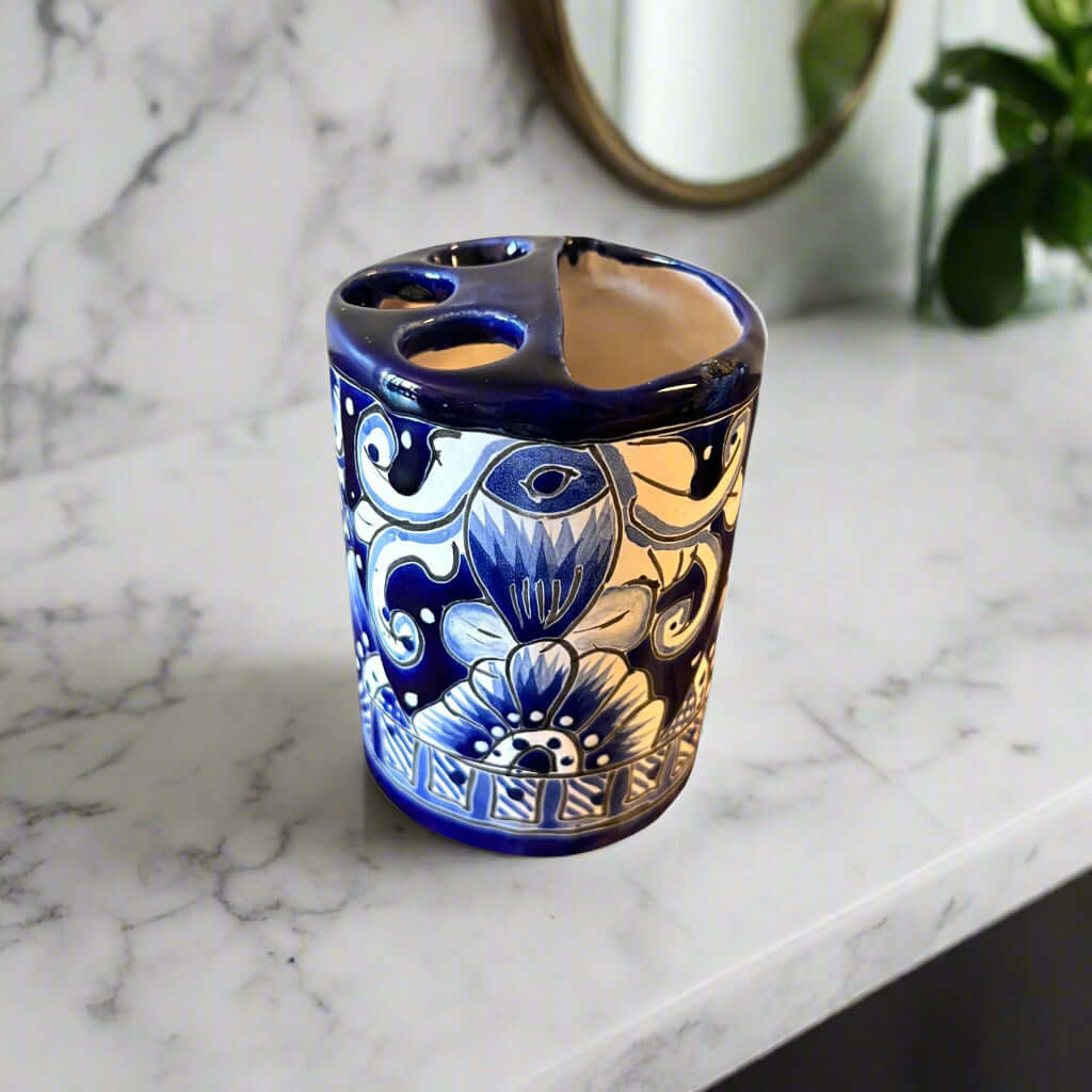 Blue & White Talavera Toothbrush Holder | Handmade Bathroom Decor