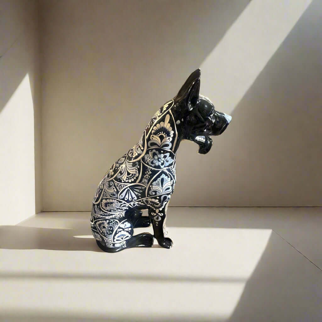 Blue & White Talavera Dog Statue | Handmade Ceramic Art