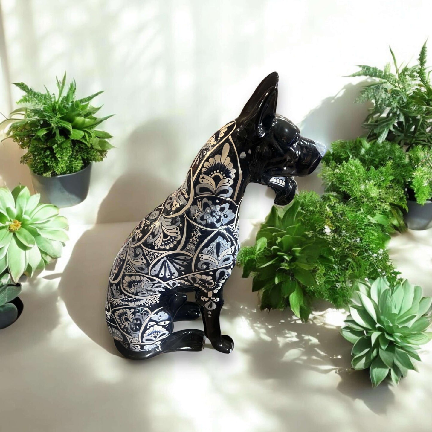 Blue & White Talavera Dog Statue | Handmade Ceramic Art