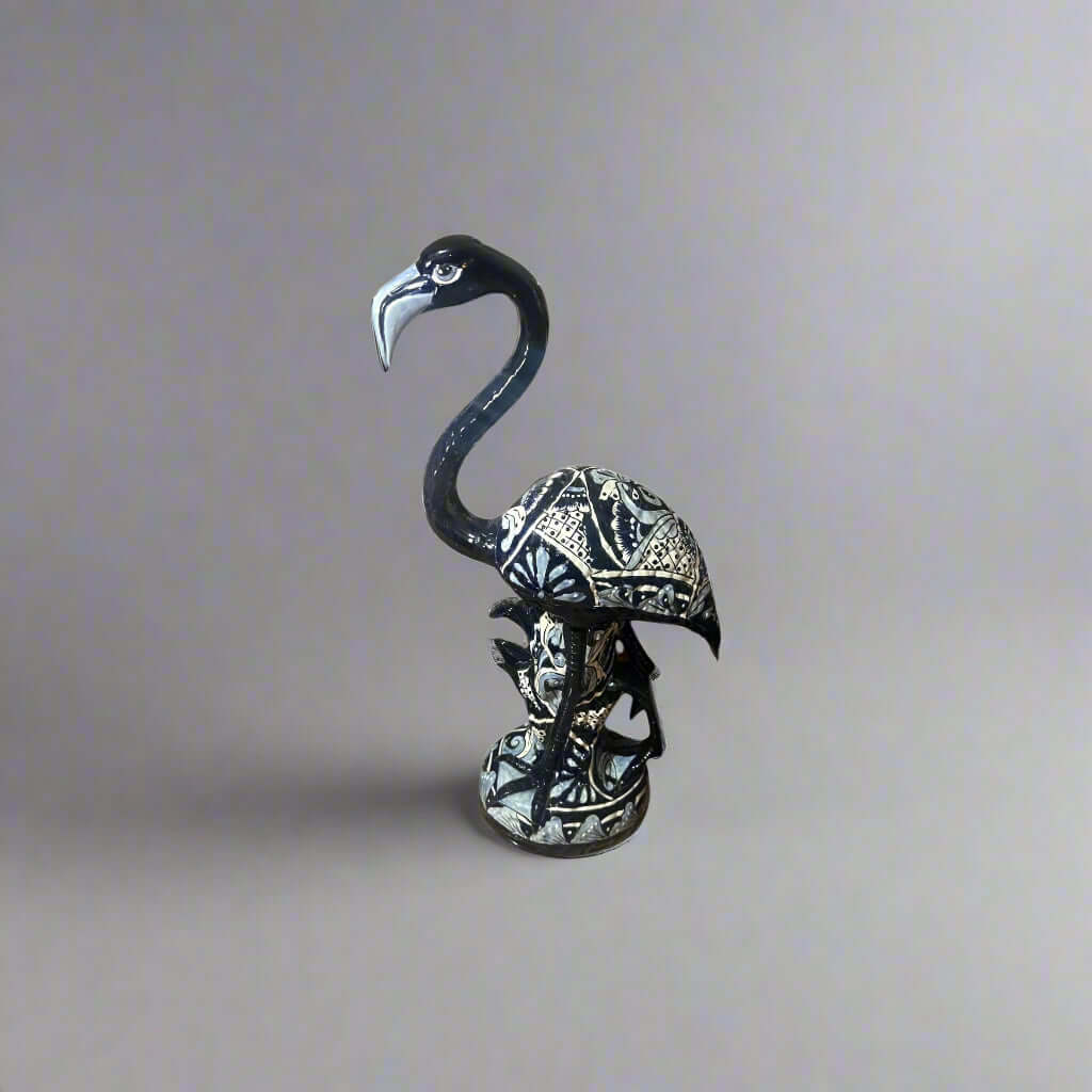 Blue & White Talavera Flamingo Statue | Hand-Painted Bird Pottery