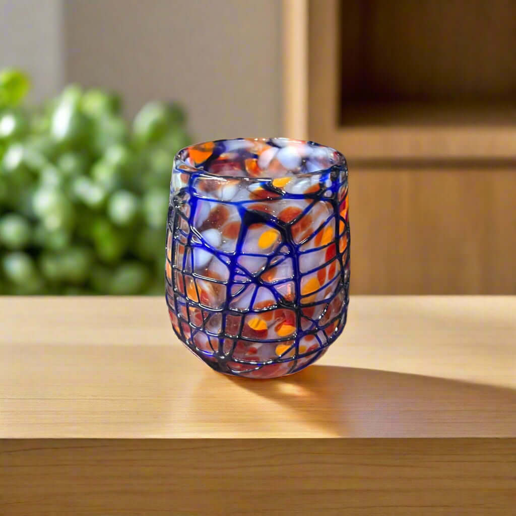 Mexican Stemless Wine Glass | Hand-Blown Orange & Blue Swirl