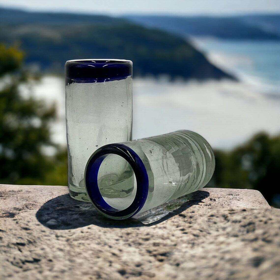 Hand Blown Mexican Shot Glass | Blue Rim Double Shot Glass Set